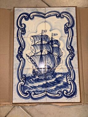 Vintage Portuguese Azulejos Blue and White Signed 6 Tile Mural Sailing Mural Art
